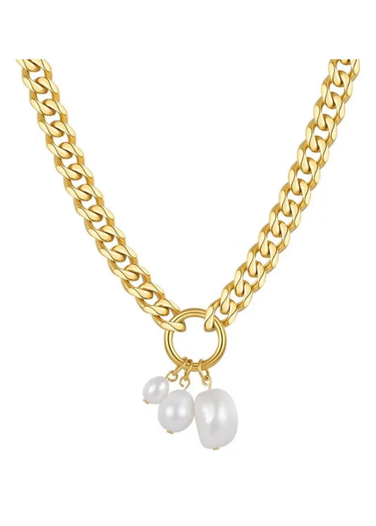 Pearl Charm Curb Chain Necklace- Hjane Jewels