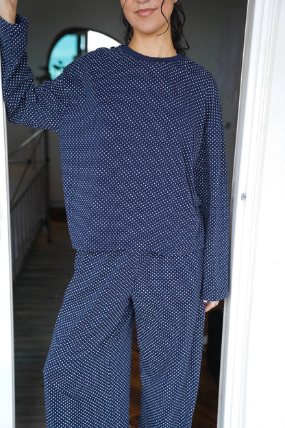 Pandering Top- Navy Polka Dot